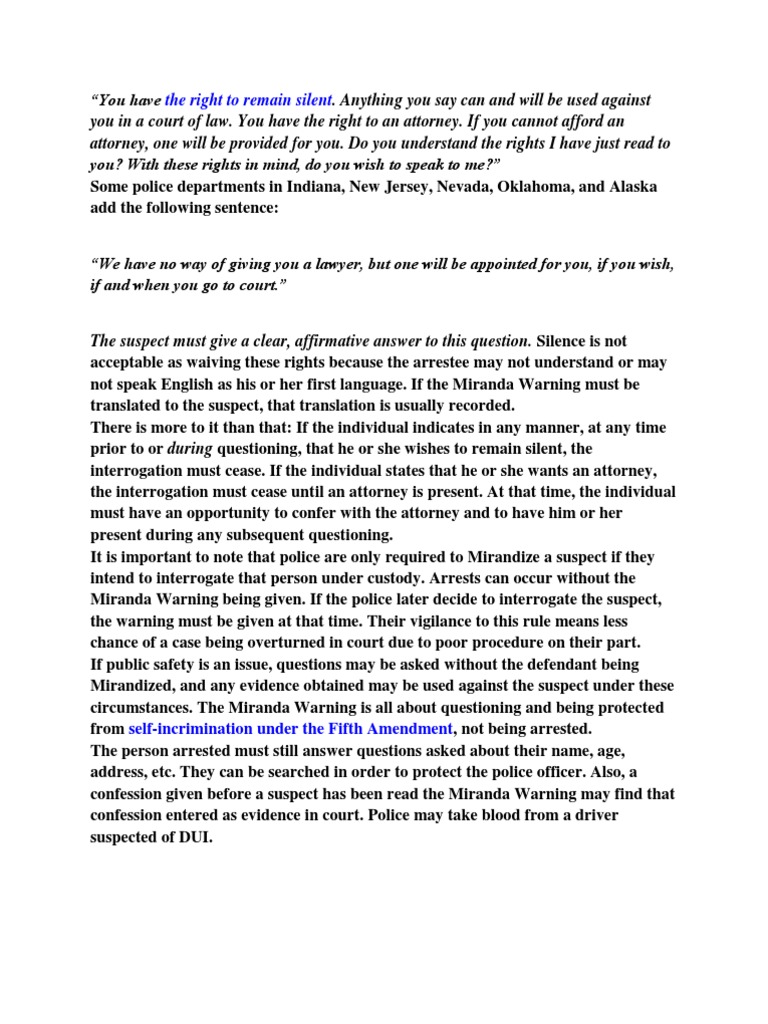 Miranda Rights and Arrest Procedures | PDF | Miranda Warning | Right To ...