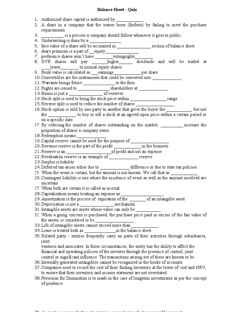 Balance Sheet Quiz Intangible Asset Stocks