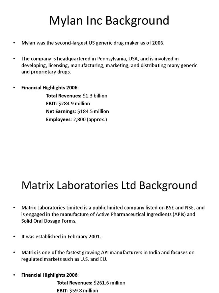 Pharma M&A: Mylan and Matrix | PDF | Mylan | Generic Drug
