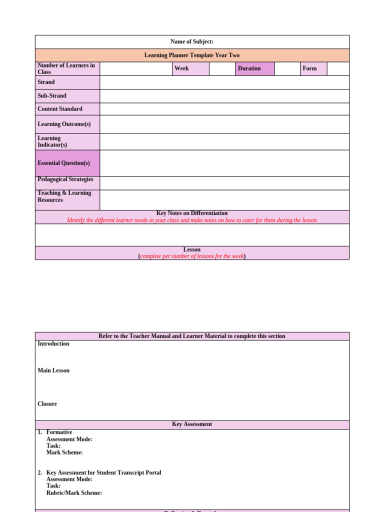 Year Two Lesson Planner Template 26 | PDF