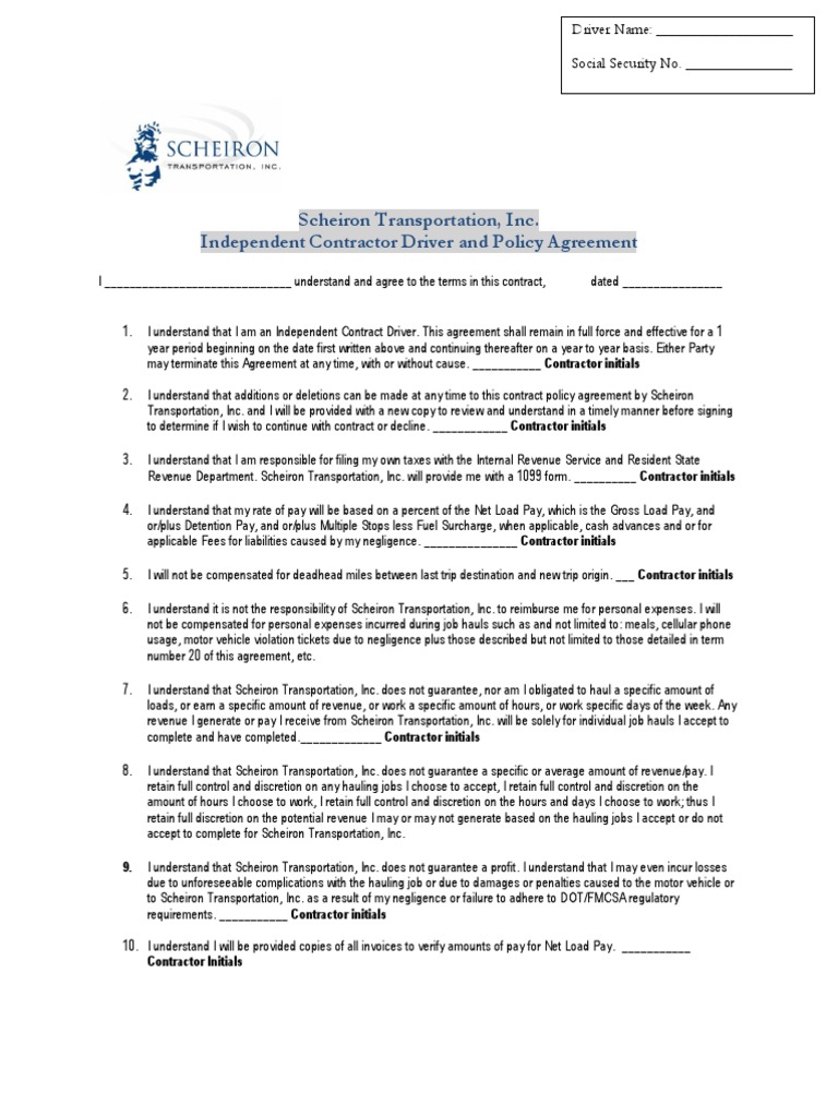 Independent Contractor Driver Agreement Pdf Independent Contractor Cargo
