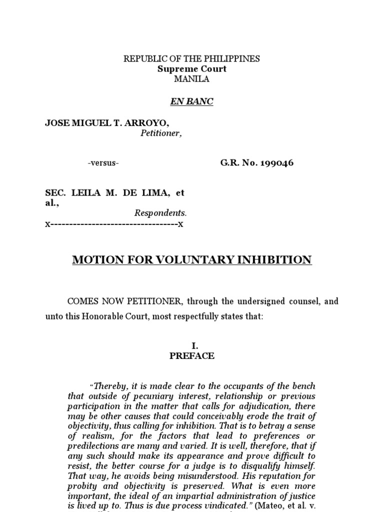 1st FG Sereno Motion For Inhibition | PDF | Judge | Constitutional Law