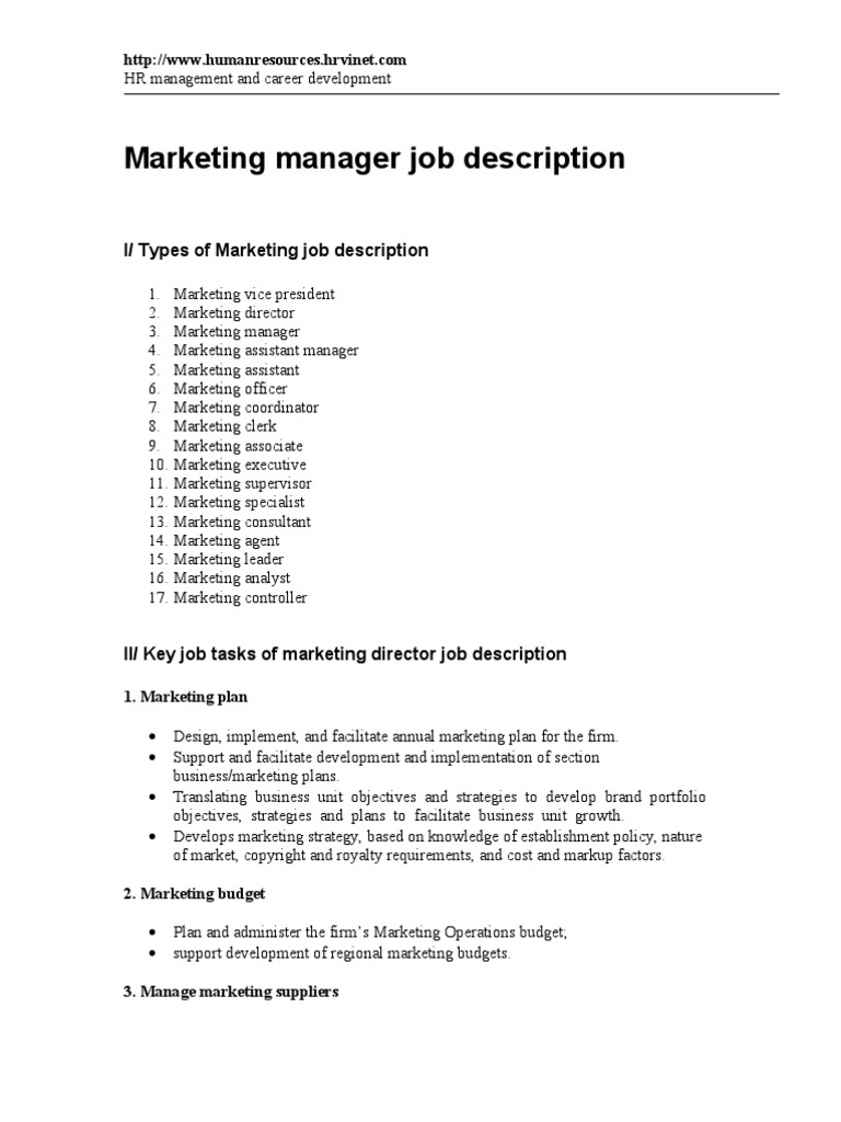 Marketing Manager Job Description Marketing Strategic Management