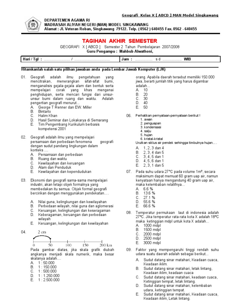 Soal Ujian Geografi Kelas 10 Semester 2 Helmi Kediris