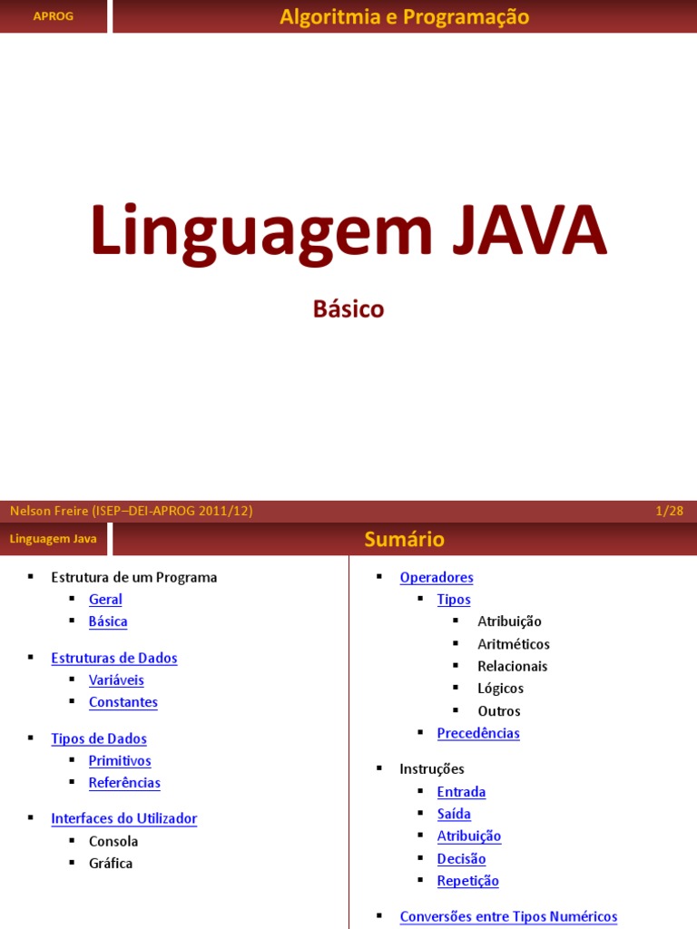 Aula - Linguagem Java - Básico | PDF | C (linguagem de programação ...