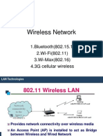 Wireless Network: 1.bluetooth (802.15.1) 2.Wi-Fi (802.11) 3.Wi-Max (802.16) 4.3G Cellular Wireless