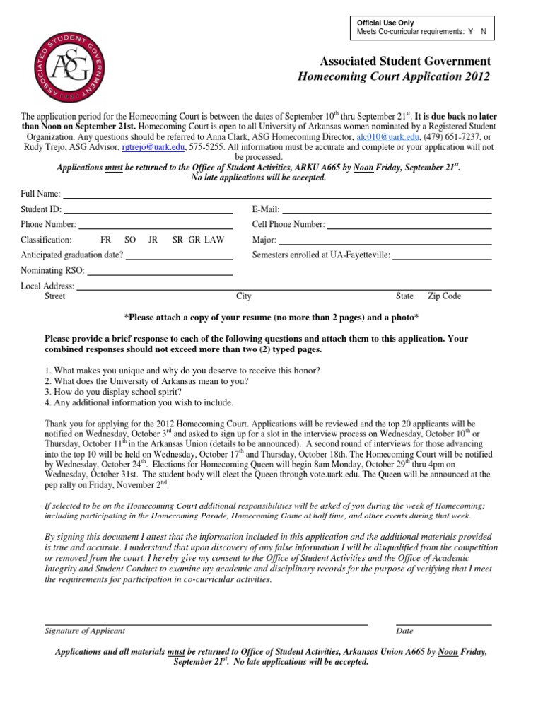 UA Homecoming Court Application | PDF