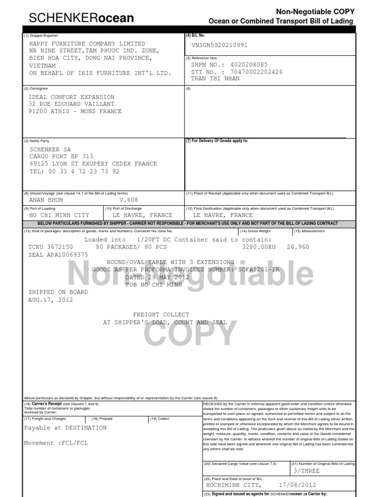 Ocean Bill of Lading Bill Of Lading Commercial Item Transport And