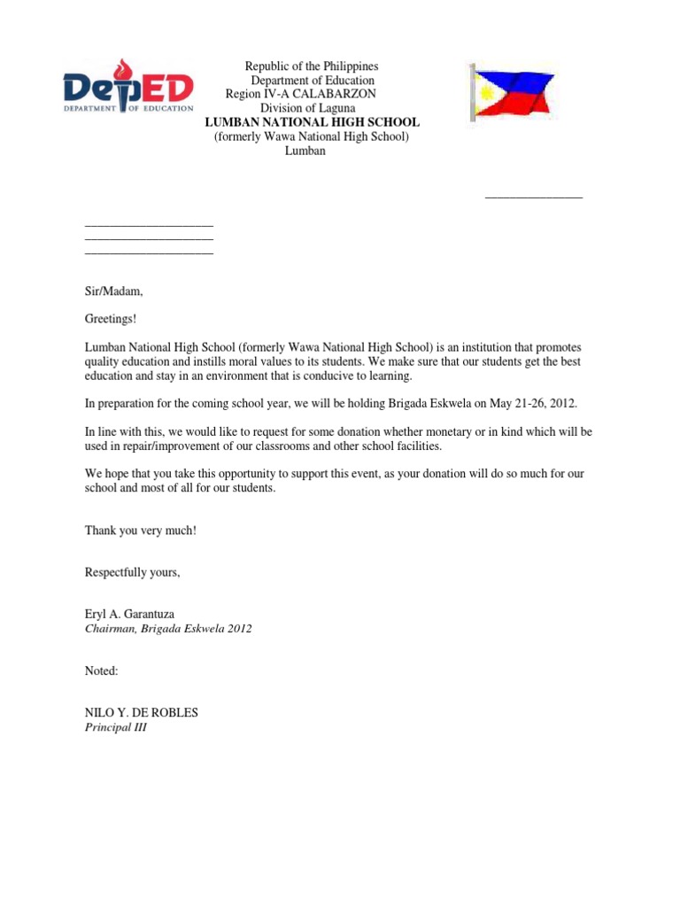 Brigad Eskwela Solicitation Letter Brigad Eskwela Solicitation Letter