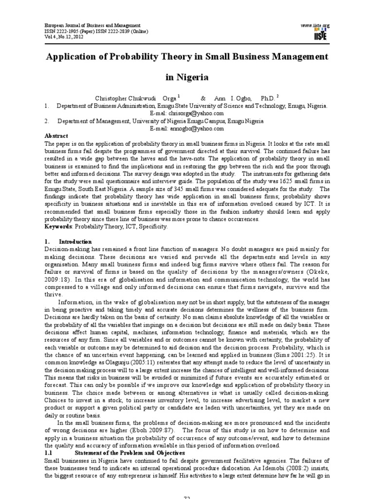 Application Of Probability Theory In Small Business Management In