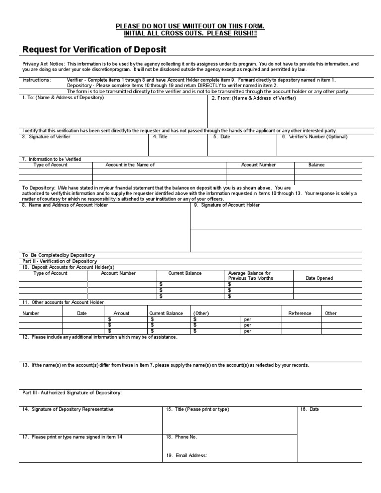Verification of Deposit Request Form | PDF