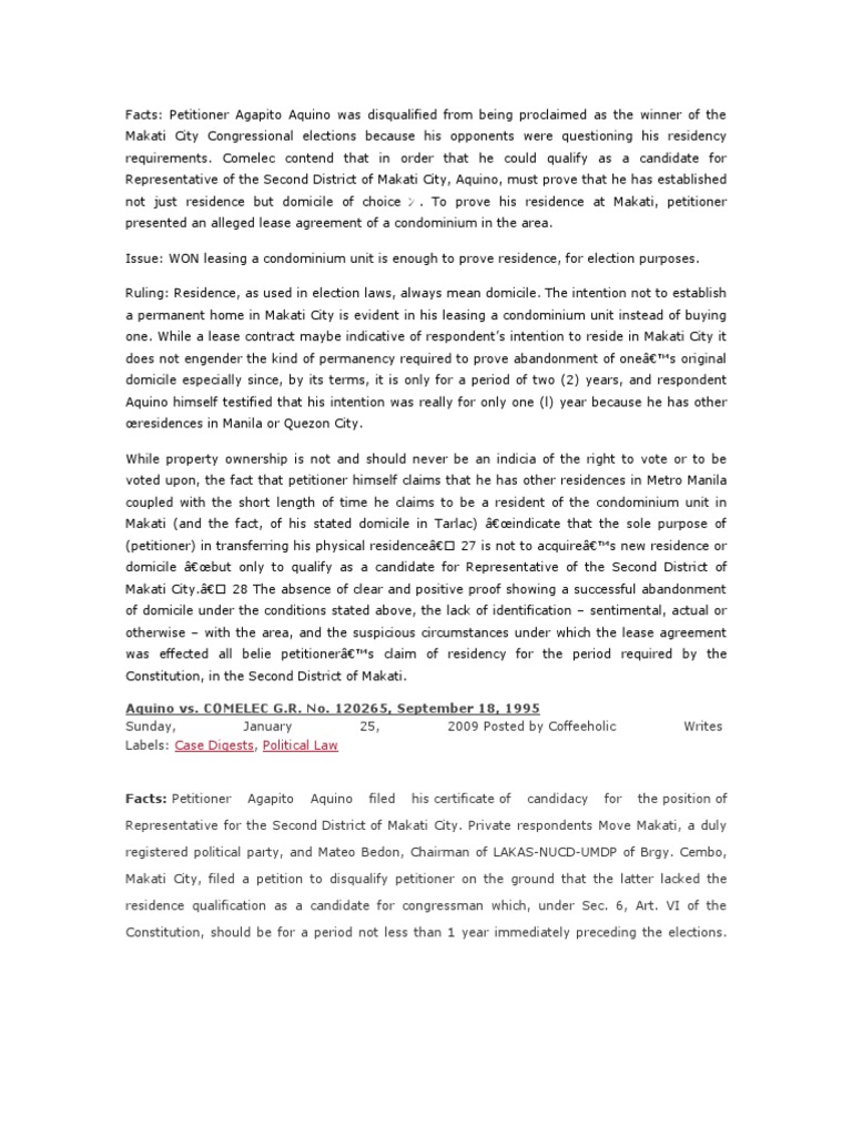 Aquino vs comelec pdf domicile law benigno aquino iii