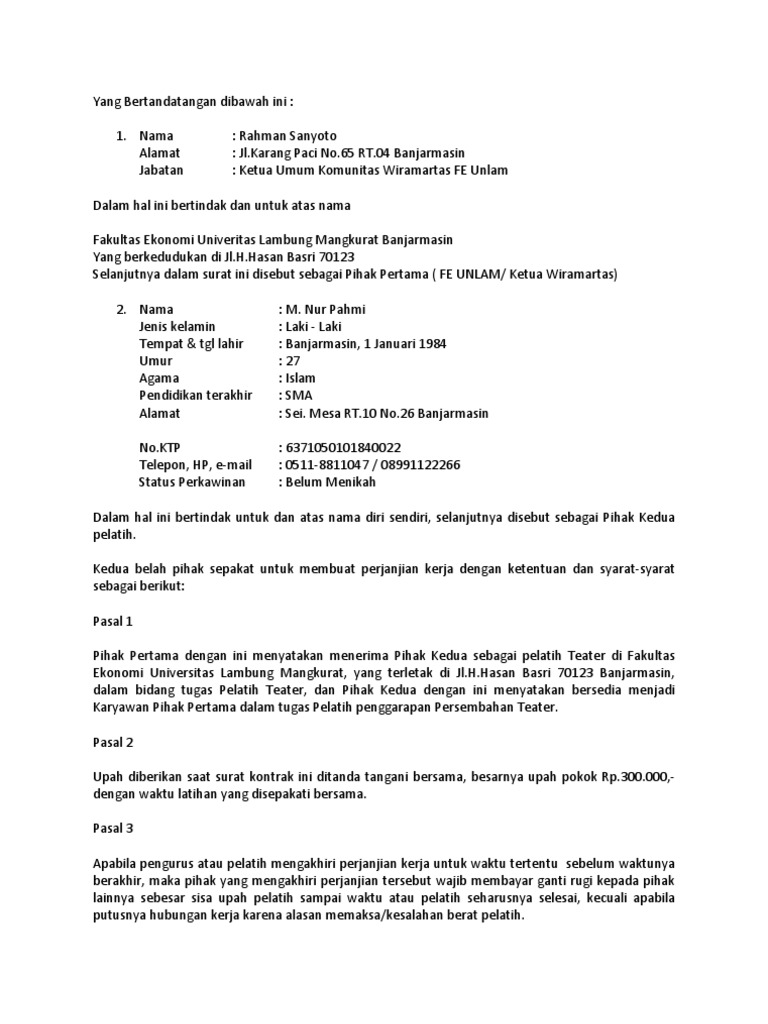 Contoh Surat Parmenent Staf
