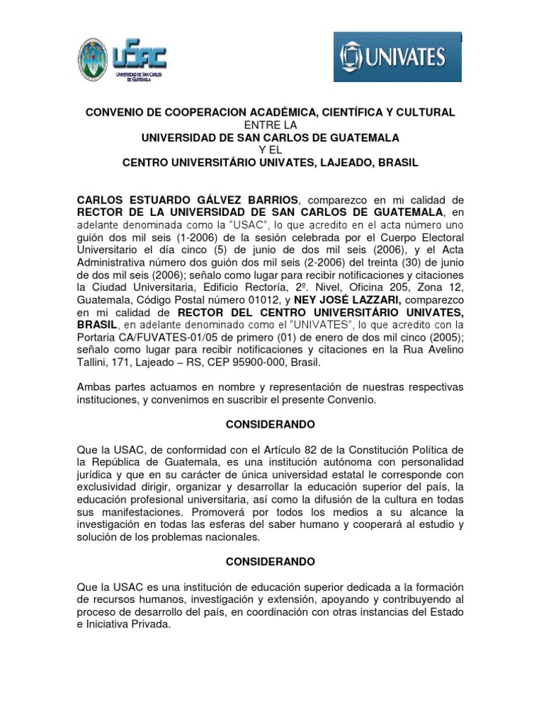 Convenio de Cooperacion Academica, Cientifica y Cultural Entra La Usac ...