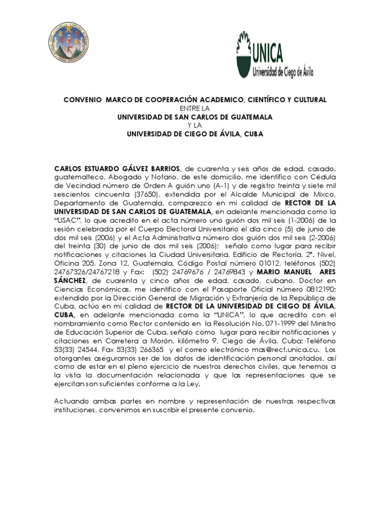 Convenio Marco de Cooperacion Academico, Cientifico y Cultural Entre La ...