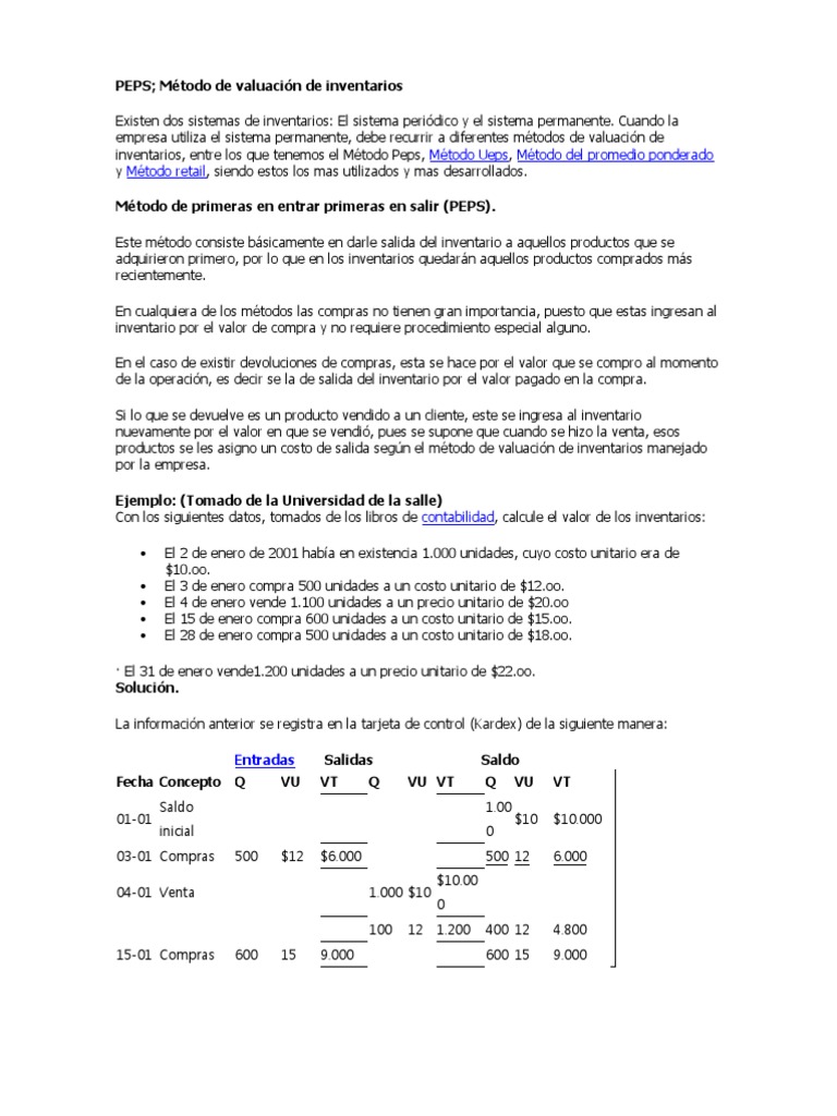 Método PEPS en Valuación de Inventarios | PDF | Inventario | Costo