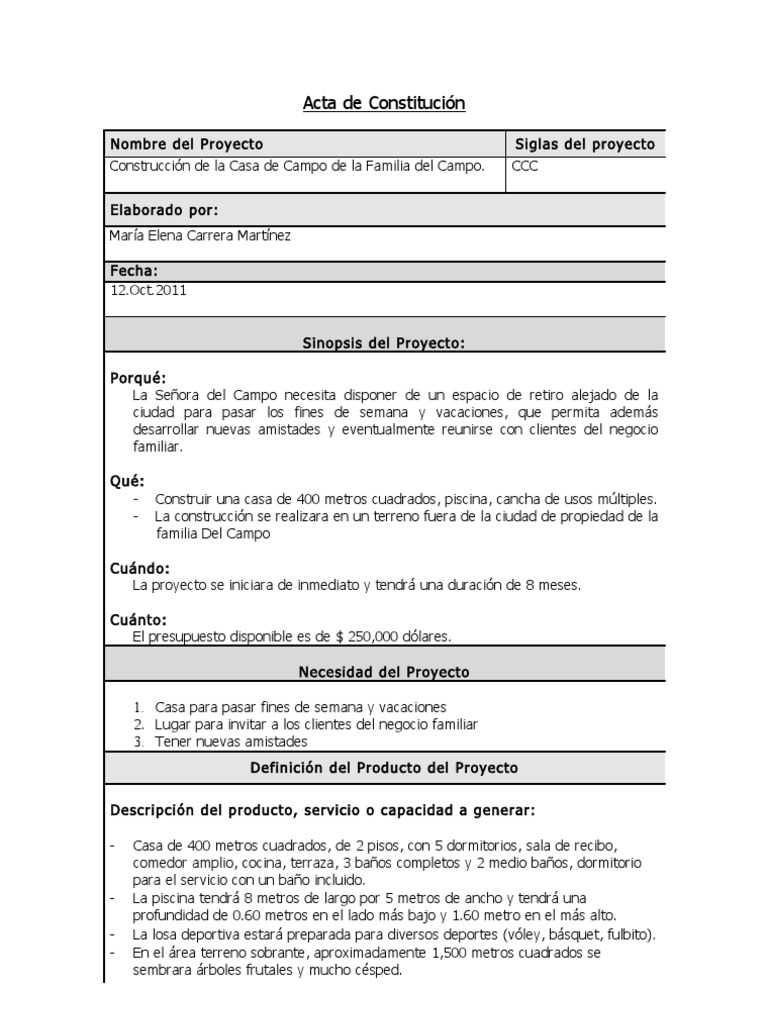 Ejemplo de acta de constitución de un proyecto de construcción