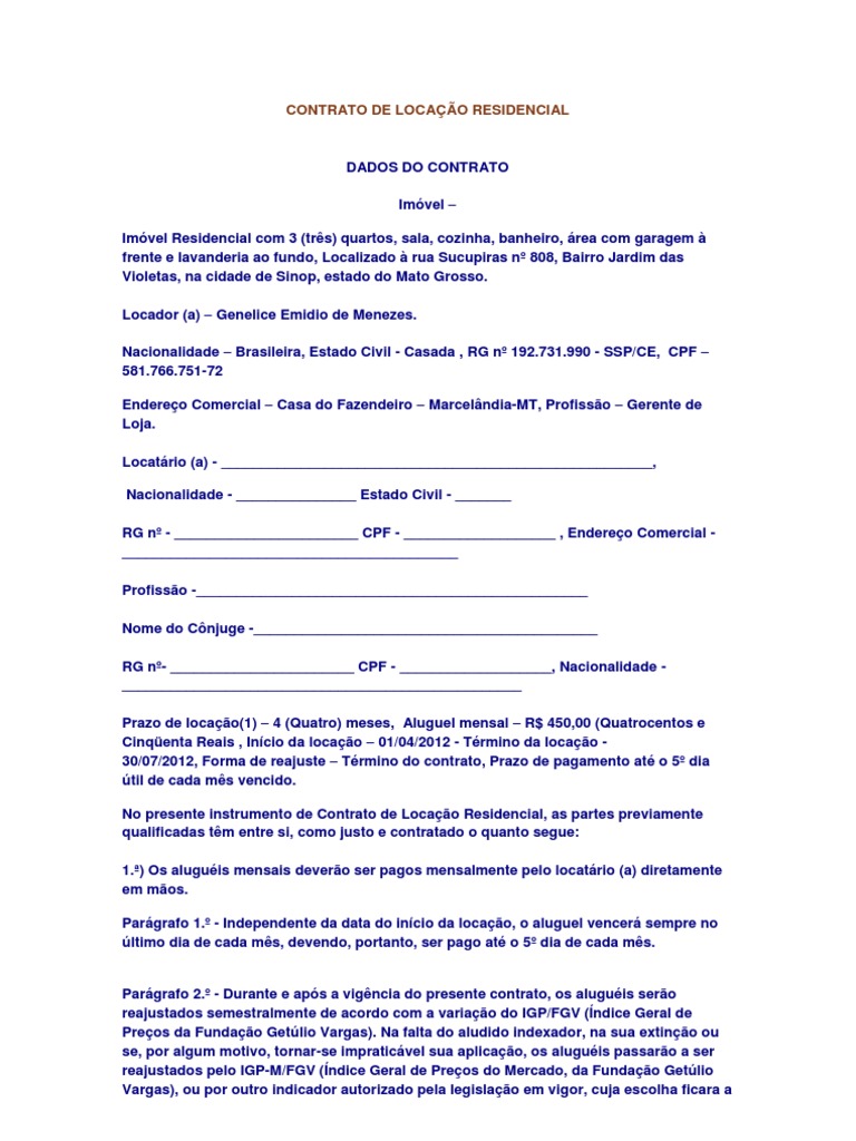 Contrato de Locação Residencial | PDF | Lei das Obrigações | Aluguel