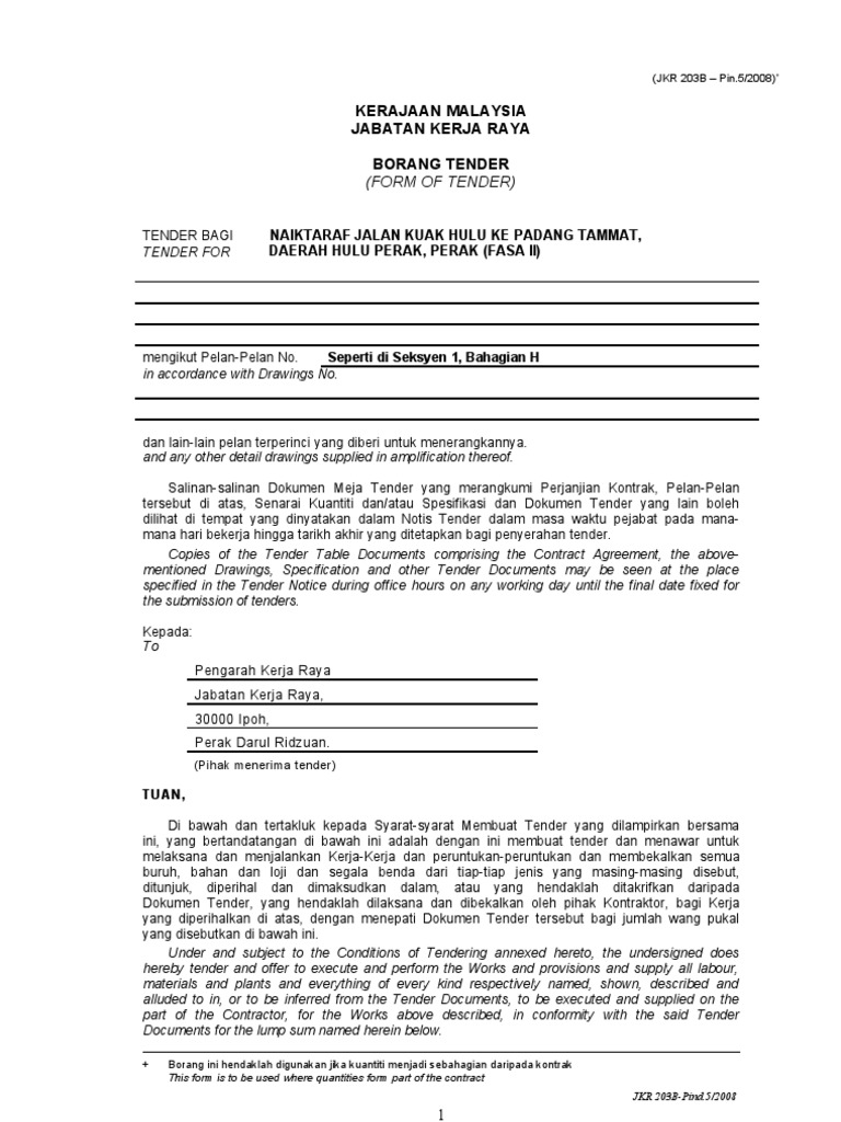 Form of Tender (JKR203B) | PDF