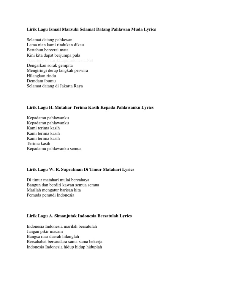 Lirik Lagu Ismail Marzuki Selamat Datang Pahlawan Muda Lyrics Pdf