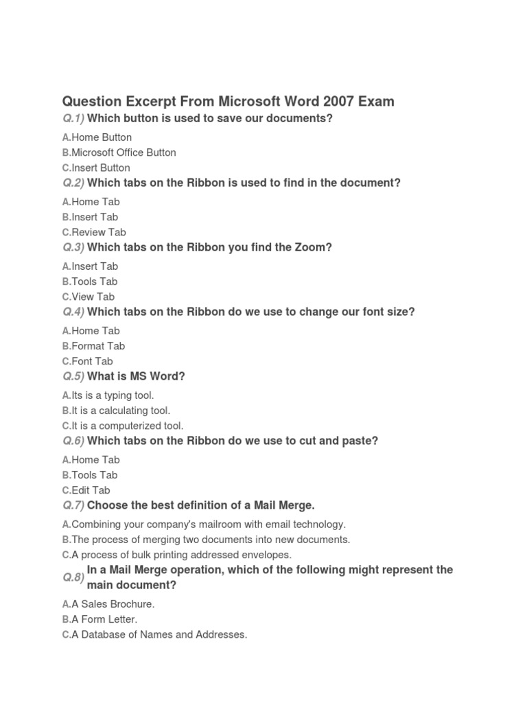 Ms Office Questions PDF Microsoft Word Hyperlink