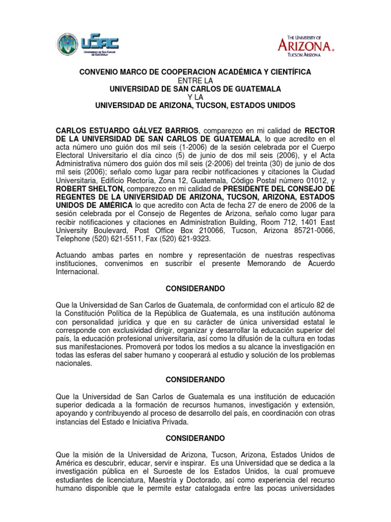 Convenio Marco de Cooperacion Academica y Cientifica Entre La Usac y La ...