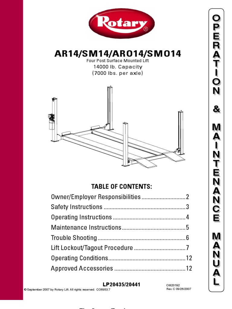 Rotary Aro14 Smo14 Owners Manual PDF Elevator Valve