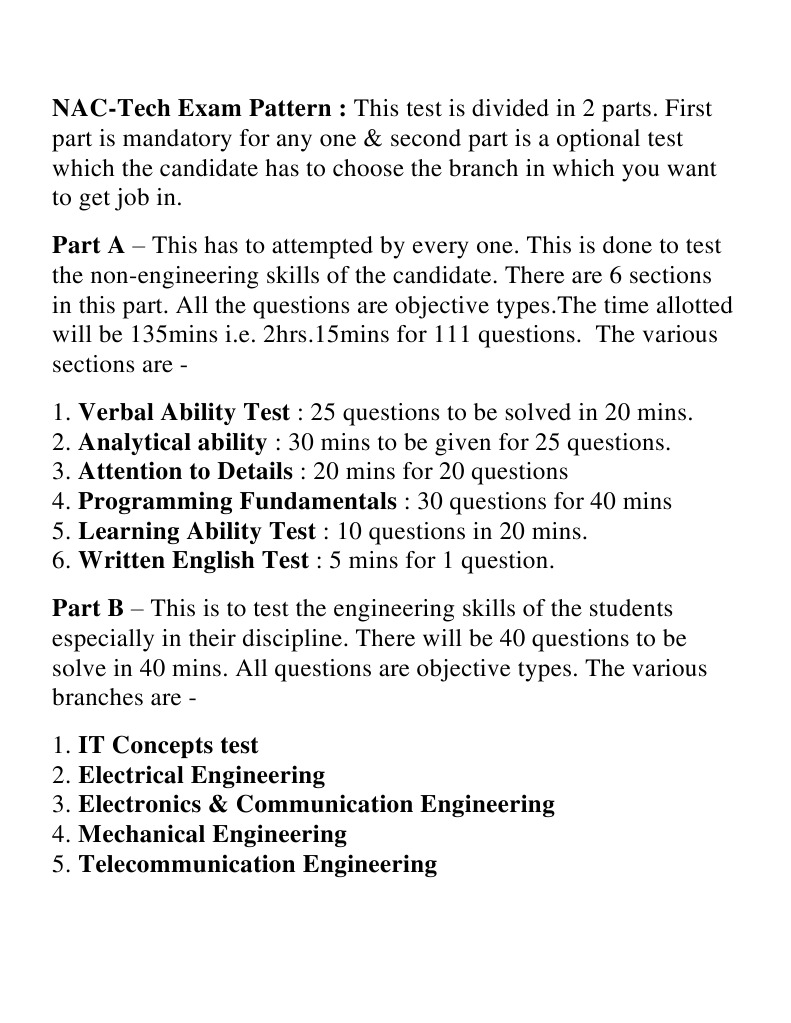 NAC-Tech Exam Pattern: This Test Is Divided in 2 Parts. First | PDF