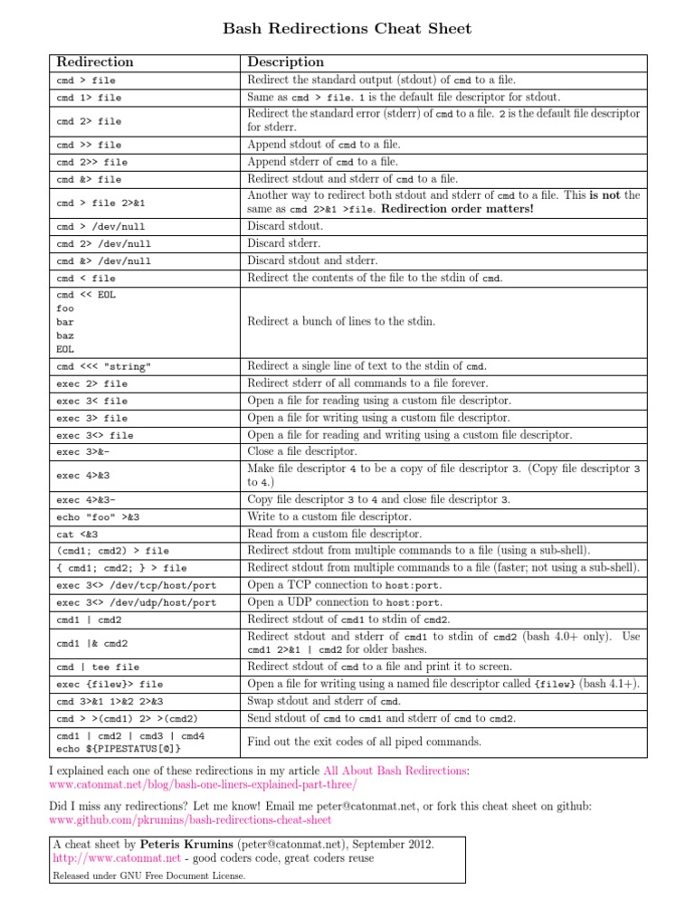 Bash Redirections Cheat Sheet | PDF
