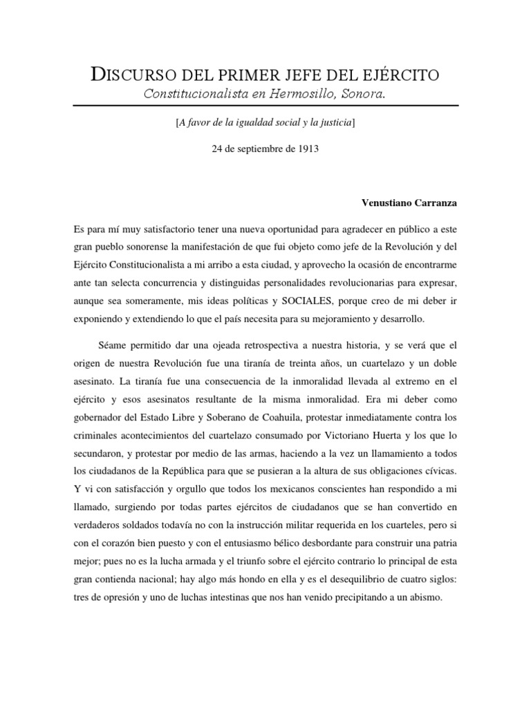 Discurso del primer jefe del ejército Constitucionalista en Hermosillo