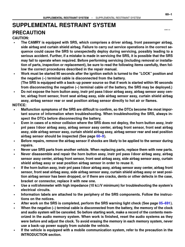 Supplemental Restraint System: Precaution | PDF | Computers