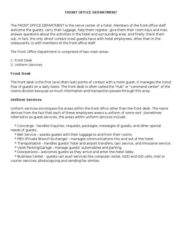 Overview of The Front Office Department PDF Hotel And Business