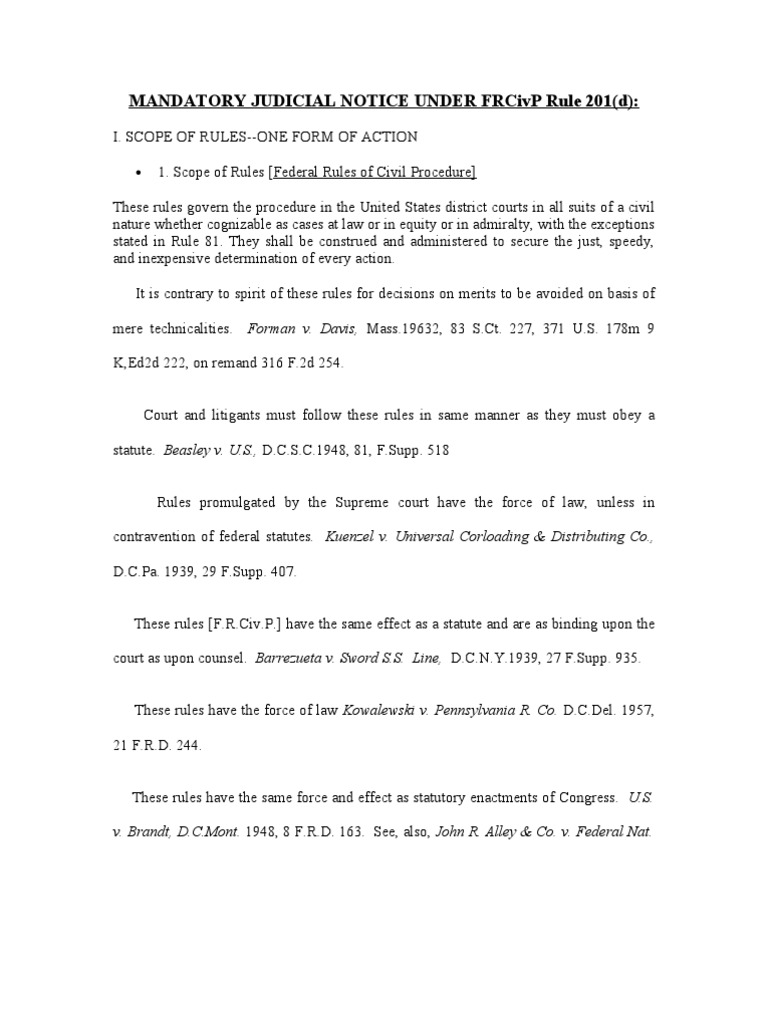Mandatory Judicial Notice Under Frcivp Rule 201 Supreme Court Of The 