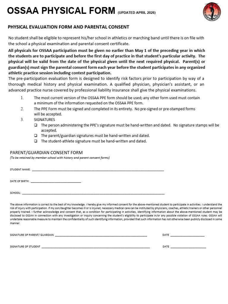 2026-27 OSSAA Physical Form | PDF | Signature | Consent