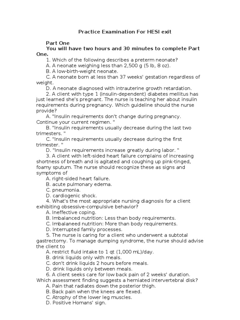 Practice Examination For HESI Exit PDF Pregnancy Diabetes Mellitus