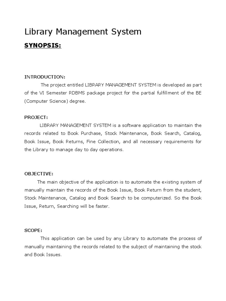 Library Management System Synopsis PDF Application Software