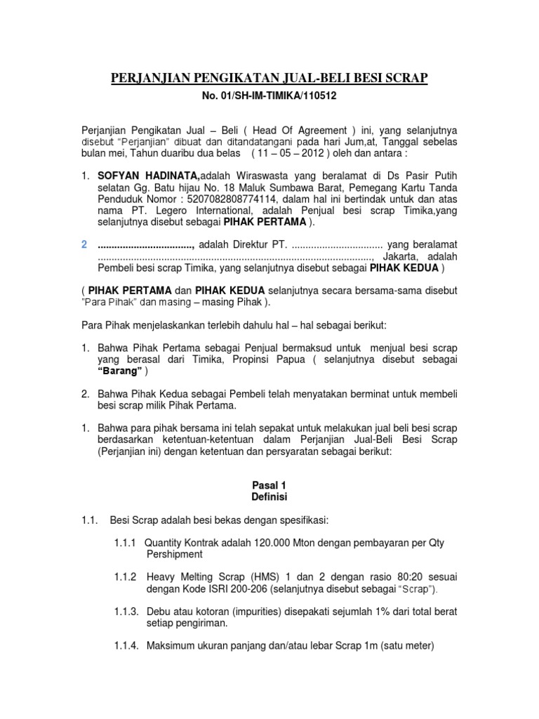 Perjanjian Pengikatan Jual Besi Scrap Timika Skbdn 23m Pdf