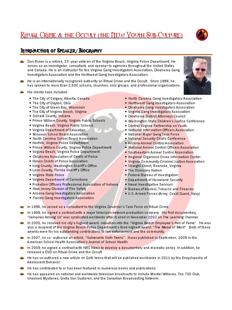 Resume Don Rimer, Police Investigator and Speaker, Satanic Ritual Abuse ...