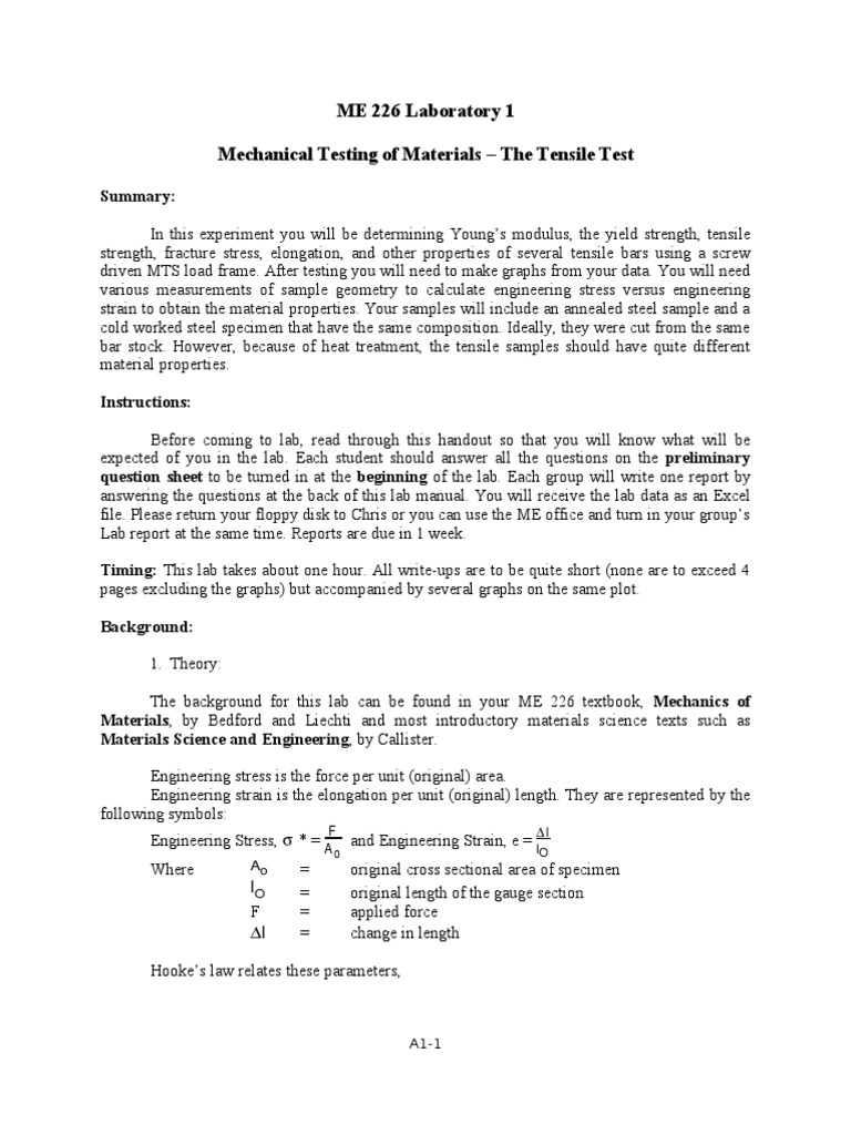 Tensile Testing of Materials Lab Guide | PDF | Deformation (Engineering ...
