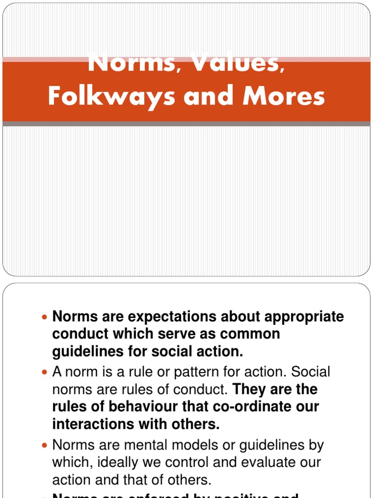 Norms, Values, Folkways and Mores Norm (Social) Value (Ethics)