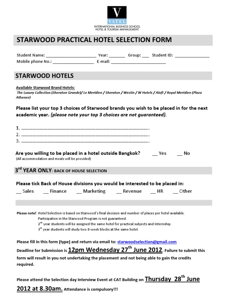 Starwood Hotel Selection Form 2023 | PDF | Marriott International ...