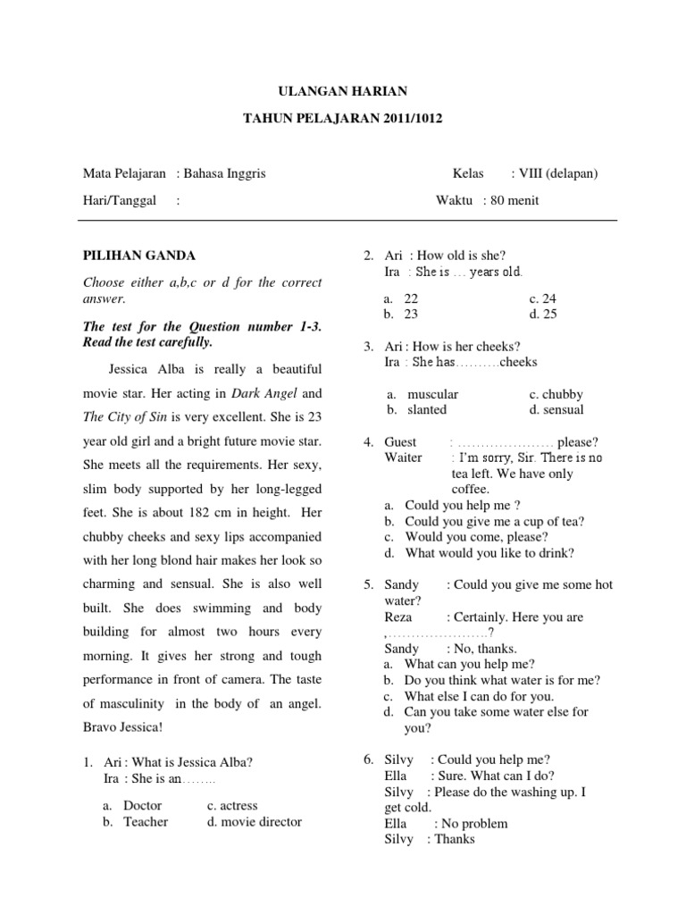 Soal Ulangan Kelas 8 Semester 1