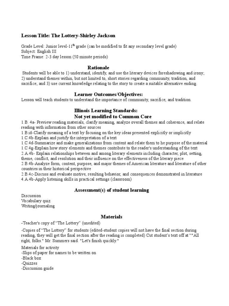 Complete Lesson Plan For The Lottery Narrative Teachers