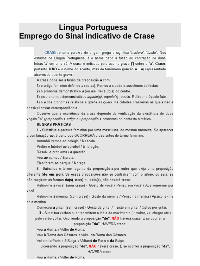 Emprego Do Sinal Indicativo de Crase 1 | PDF | Pronome | Preposição e ...