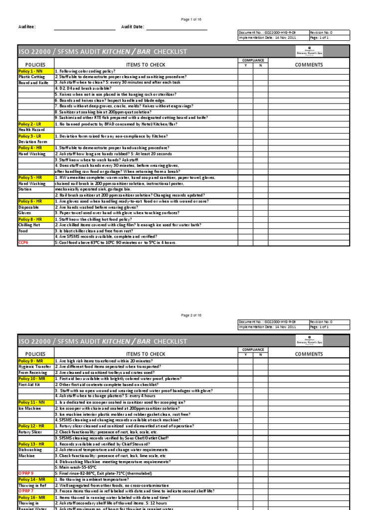 09. ISO22000 HYG R 09 Internal Audit Checklist (Area