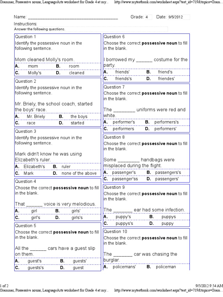 grammar possessive nouns languagearts worksheet for grade 4 pdf