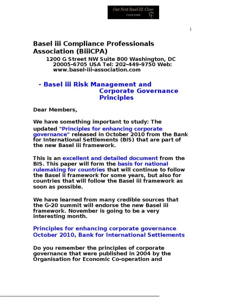 Basel III Risk Management and Corporate Governance Principles New | PDF