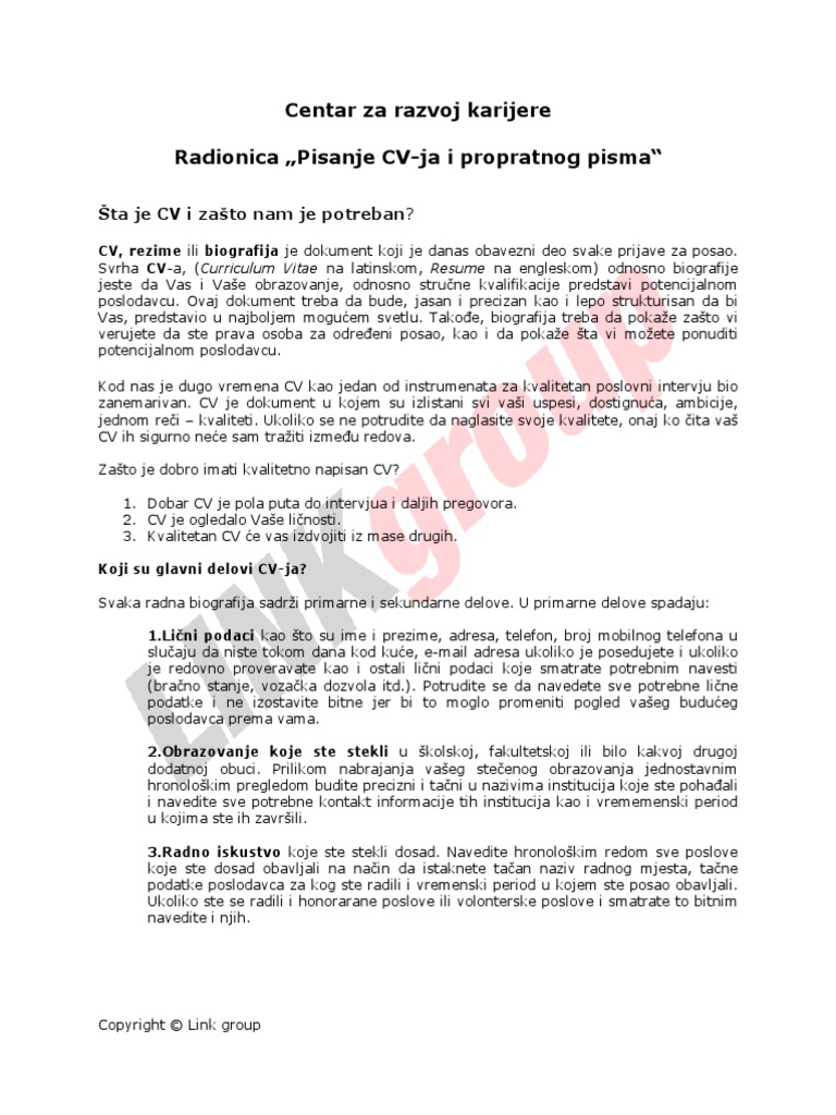 Centar za razvoj karijere Radionica „Pisanje CV-ja i propratnog pisma“