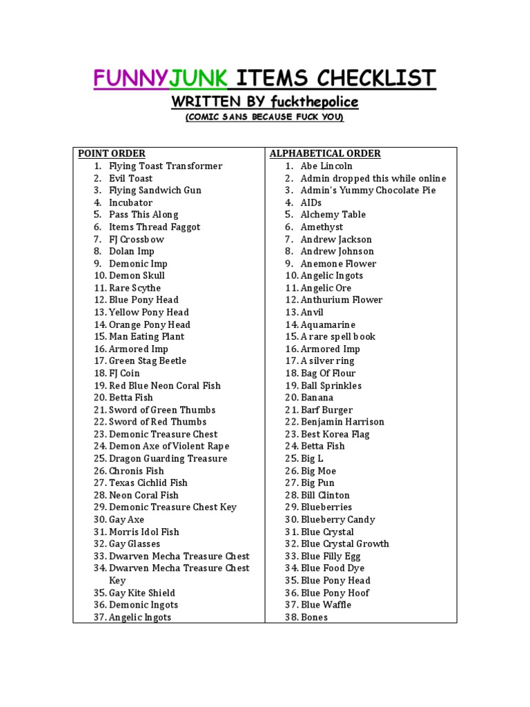 Funnyjunk Items Checklist | PDF | Gemstone | Violence