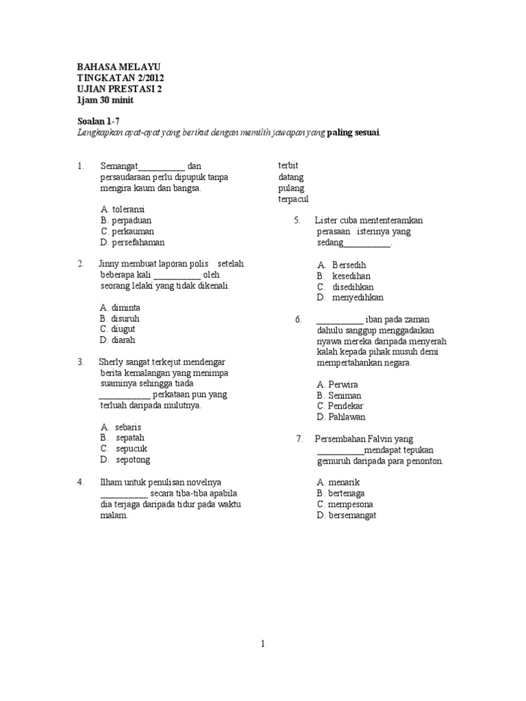 Soalan Bahasa Melayu Tingkatan 2 Pdf